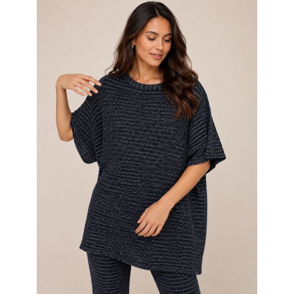 Zara Knit Black Shimmer Oversized Short Sleeve Blouse Top Shirt Size Small